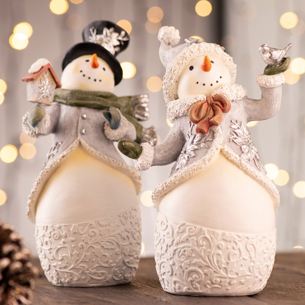 Figurines De Noël - Couple De Bonhommes De Neige Campagne - Déco Vintage
