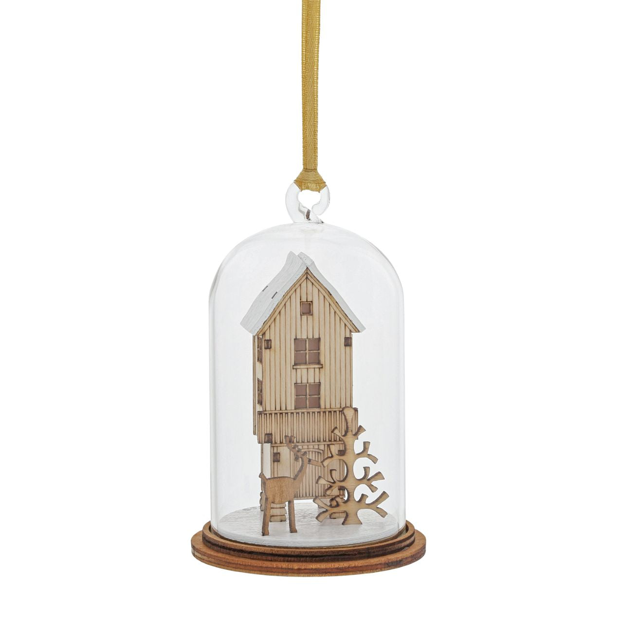 A Christmas Wish Hanging Ornament The Spirit of Christmas. A collection of delightful wooden decorations that capture the essence of that special time of year. This glass dome, Christmas decoration encases one of Santa's beloved Reindeers, adorned with a ribbon to help hang off your Christmas tree.