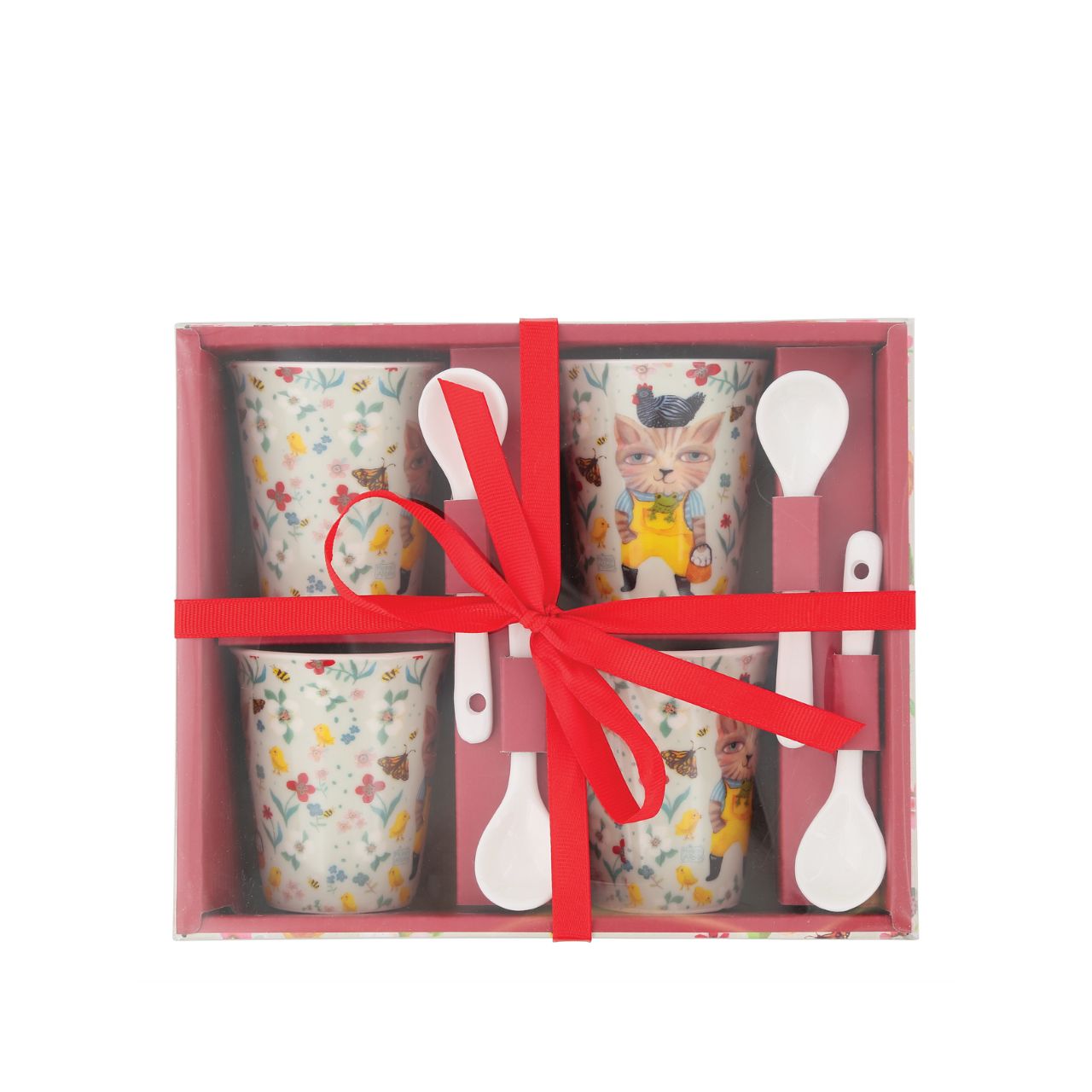 Assortment of 4 cups with ceramic spoons, ideal for drinking coffee with family or friends. Original and colourful design by artist Michelle Allen for the Allen Designs collection. Each cup 7.0cm
