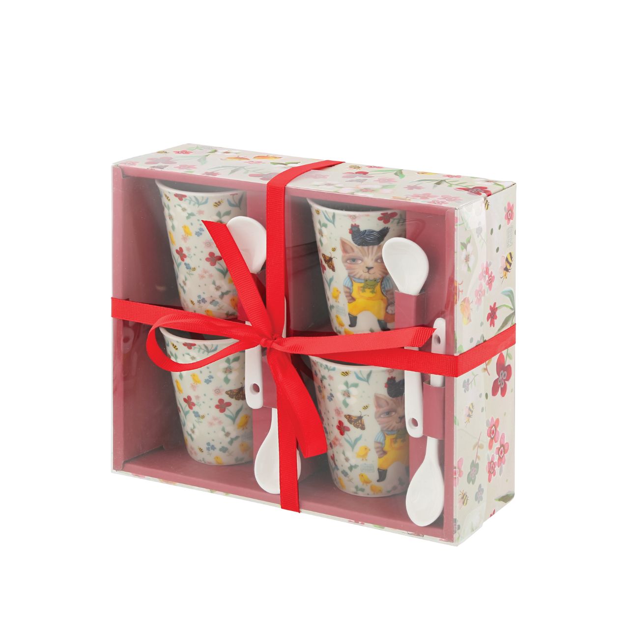 Assortment of 4 cups with ceramic spoons, ideal for drinking coffee with family or friends. Original and colourful design by artist Michelle Allen for the Allen Designs collection. Each cup 7.0cm