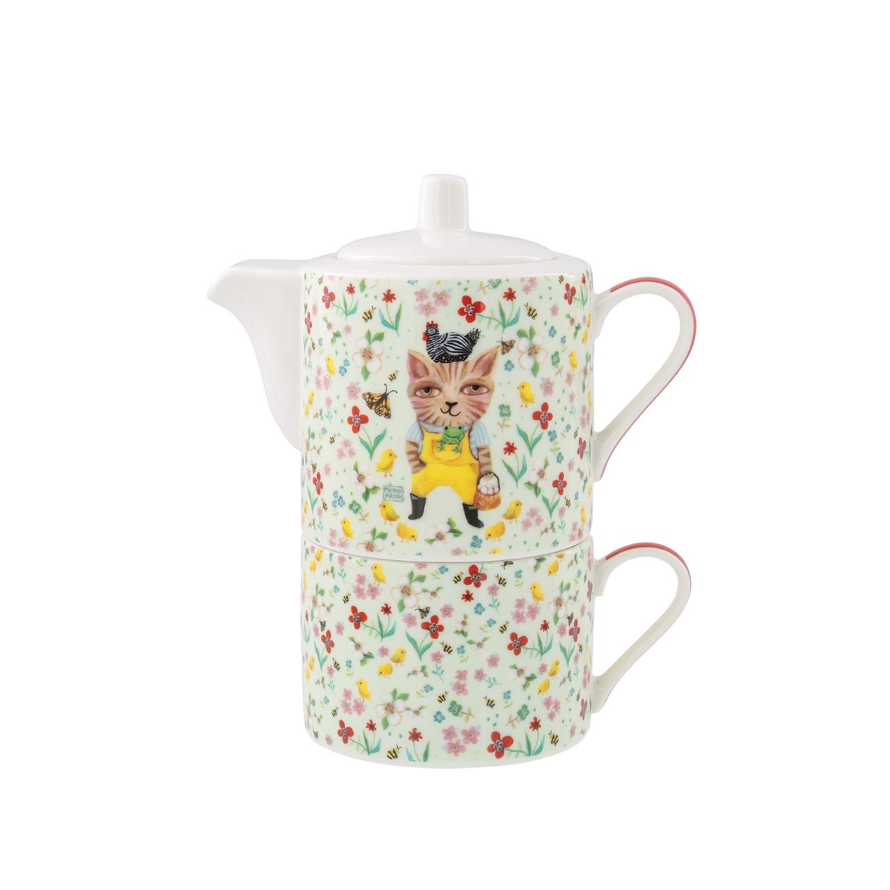 Small ceramic teapot with matching cup for 1 person. Perfect for drinking tea alone, and making this moment of relaxation your little moment to yourself. Original and colourful design by artist Michelle Allen for the Allen Designs collection.