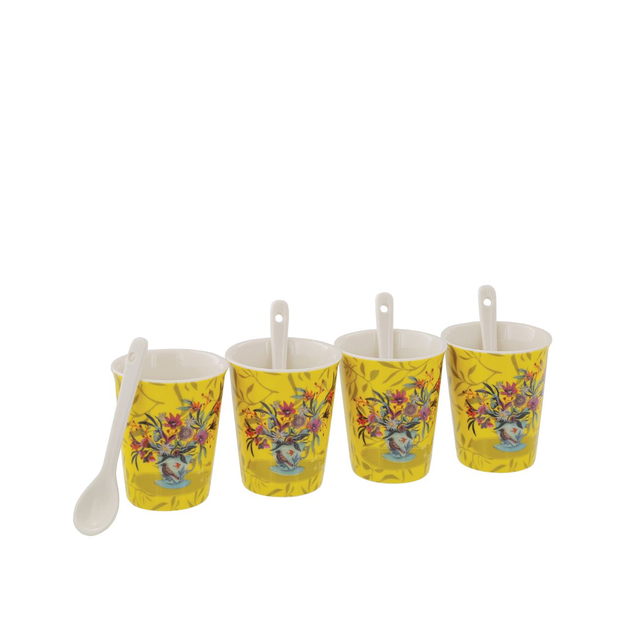 Assortment of 4 cups with ceramic spoons, ideal for drinking coffee with family or friends. Original and colourful design by artist Michelle Allen for the Allen Designs collection.