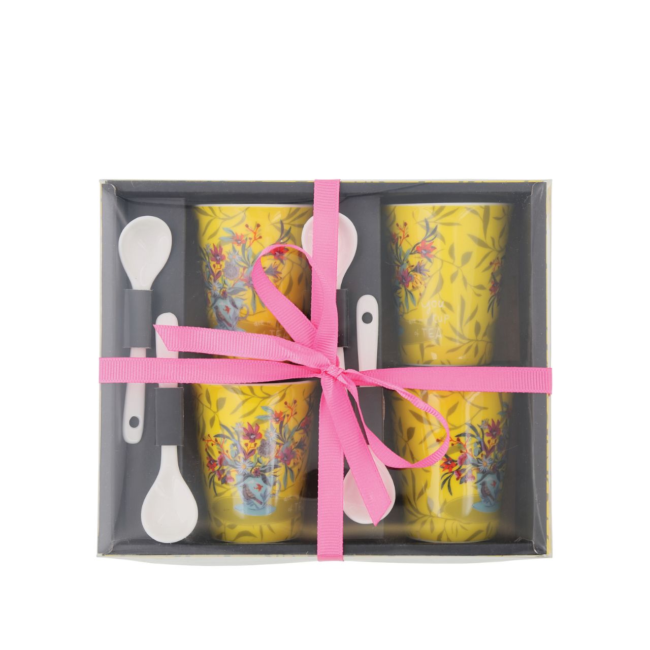 Assortment of 4 cups with ceramic spoons, ideal for drinking coffee with family or friends. Original and colourful design by artist Michelle Allen for the Allen Designs collection.