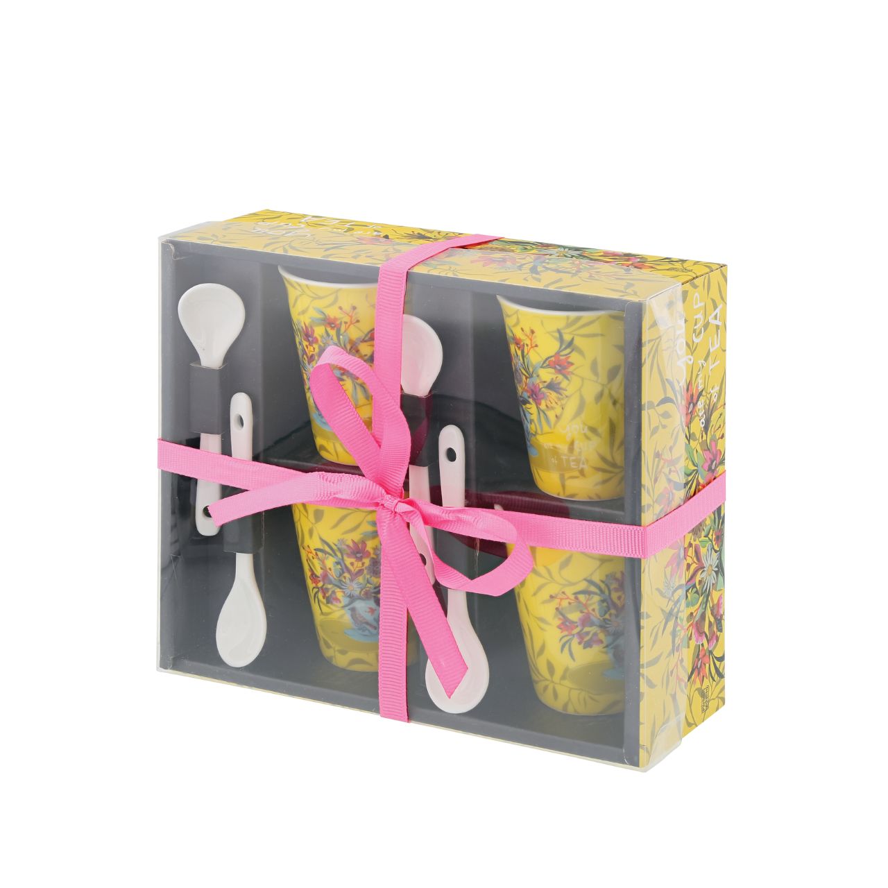 Assortment of 4 cups with ceramic spoons, ideal for drinking coffee with family or friends. Original and colourful design by artist Michelle Allen for the Allen Designs collection.