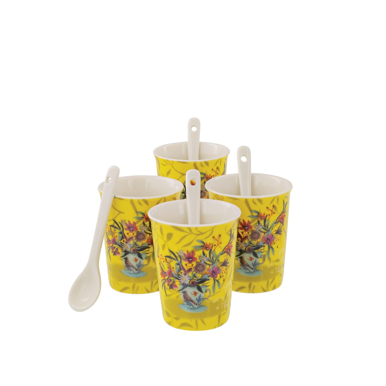 Assortment of 4 cups with ceramic spoons, ideal for drinking coffee with family or friends. Original and colourful design by artist Michelle Allen for the Allen Designs collection.