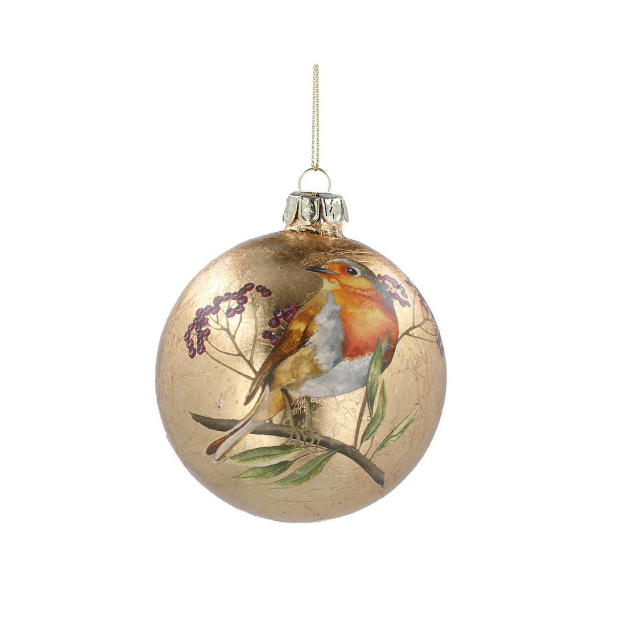 Gisela Graham Antique Gold Glass Christmas Bauble With Robin This stunning antique gold glass Christmas bauble from Gisela Graham features a delightful robin perched on top, adding a touch of festive charm to your decorations. The intricate design provides an elegant and unique look to any holiday display.