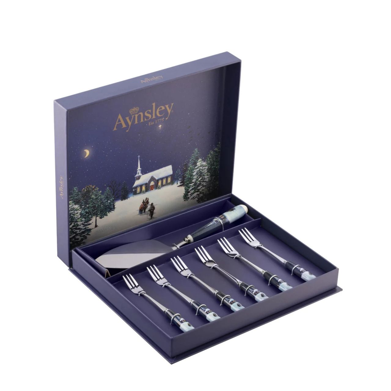 Introducing the Aynsley Silent Night Pastry Set – a charming addition to your festive table. This set includes six ceramic-handled pastry forks and one cake slice. The Silent Night motif adds elegance to your dessert presentation, perfect for sharing holiday treats with loved ones.