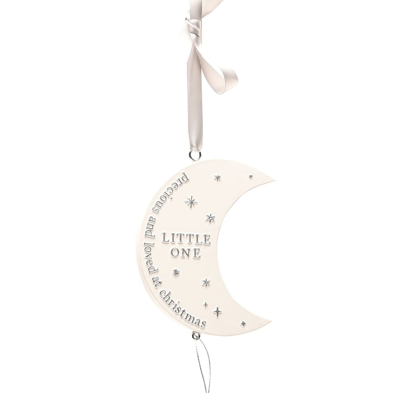 Christmas Hanging Moon Plaque - Little One A moon plaque from BAMBINO BY JULIANA. This treasurable keepsake provides sparkling decoration for the bedroom of new family arrivals at Christmas time.
