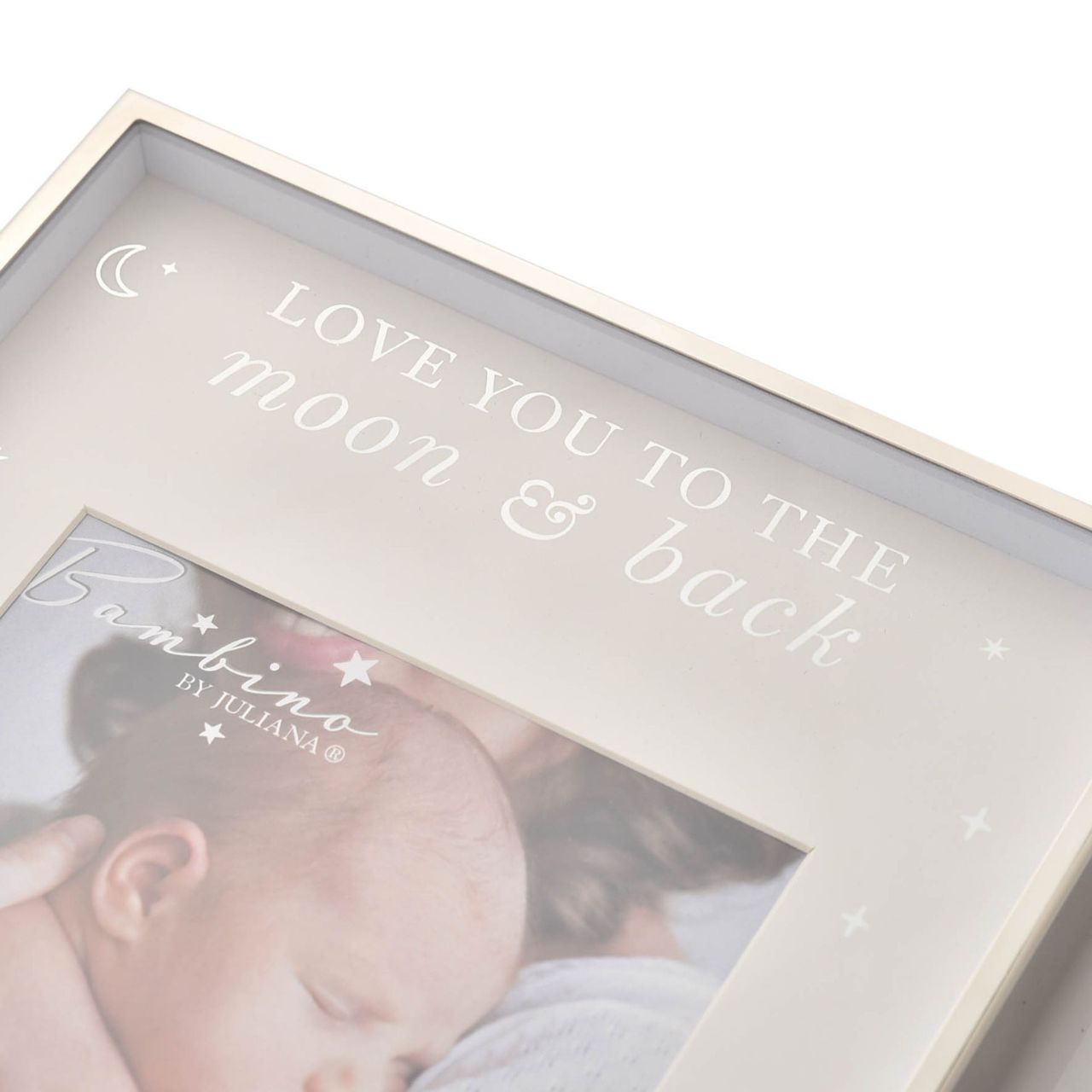 Bambino Metal Plated Moon & Back Photo Frame 5" x 5" A steel photo frame from BAMBINO BY JULIANA. This exquisite frame is an optimal way to beautifully present the photograph of new family arrivals.