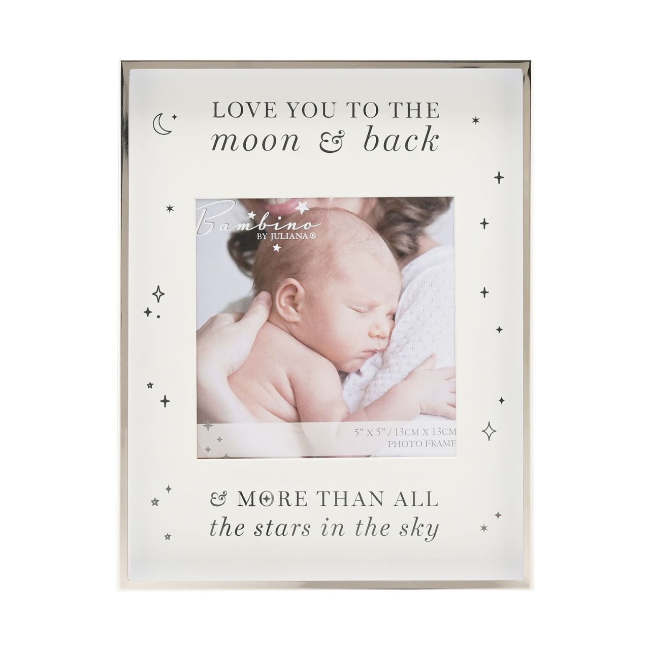 Bambino Metal Plated Moon & Back Photo Frame 5" x 5" A steel photo frame from BAMBINO BY JULIANA. This exquisite frame is an optimal way to beautifully present the photograph of new family arrivals.