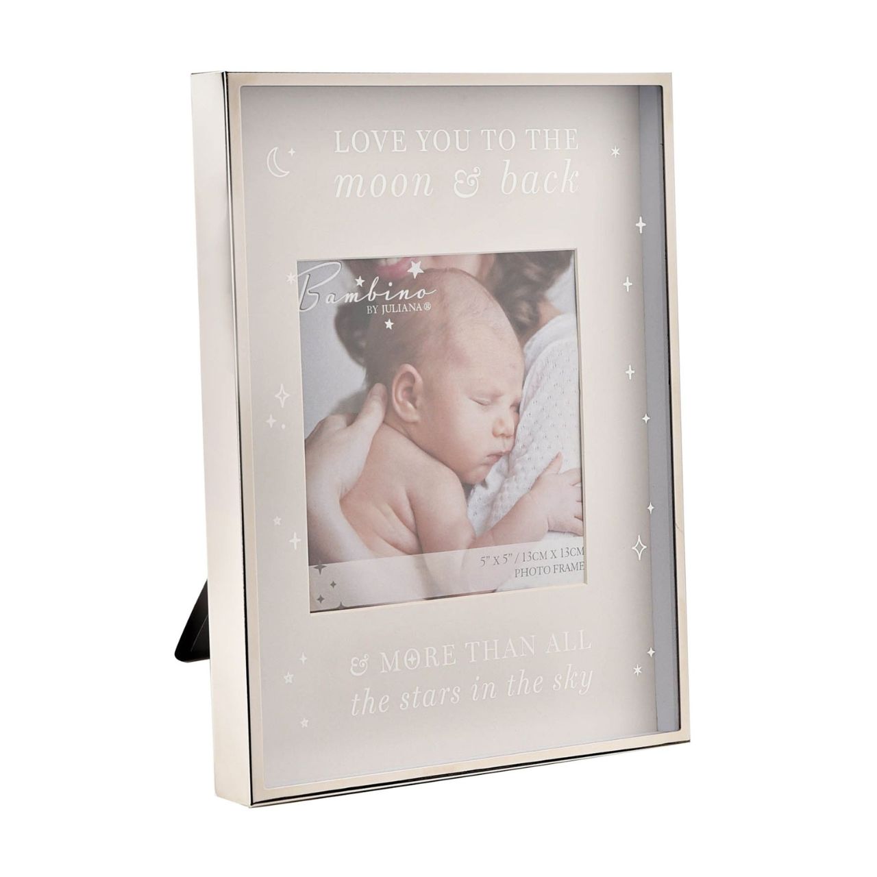 Bambino Metal Plated Moon & Back Photo Frame 5" x 5" A steel photo frame from BAMBINO BY JULIANA. This exquisite frame is an optimal way to beautifully present the photograph of new family arrivals.