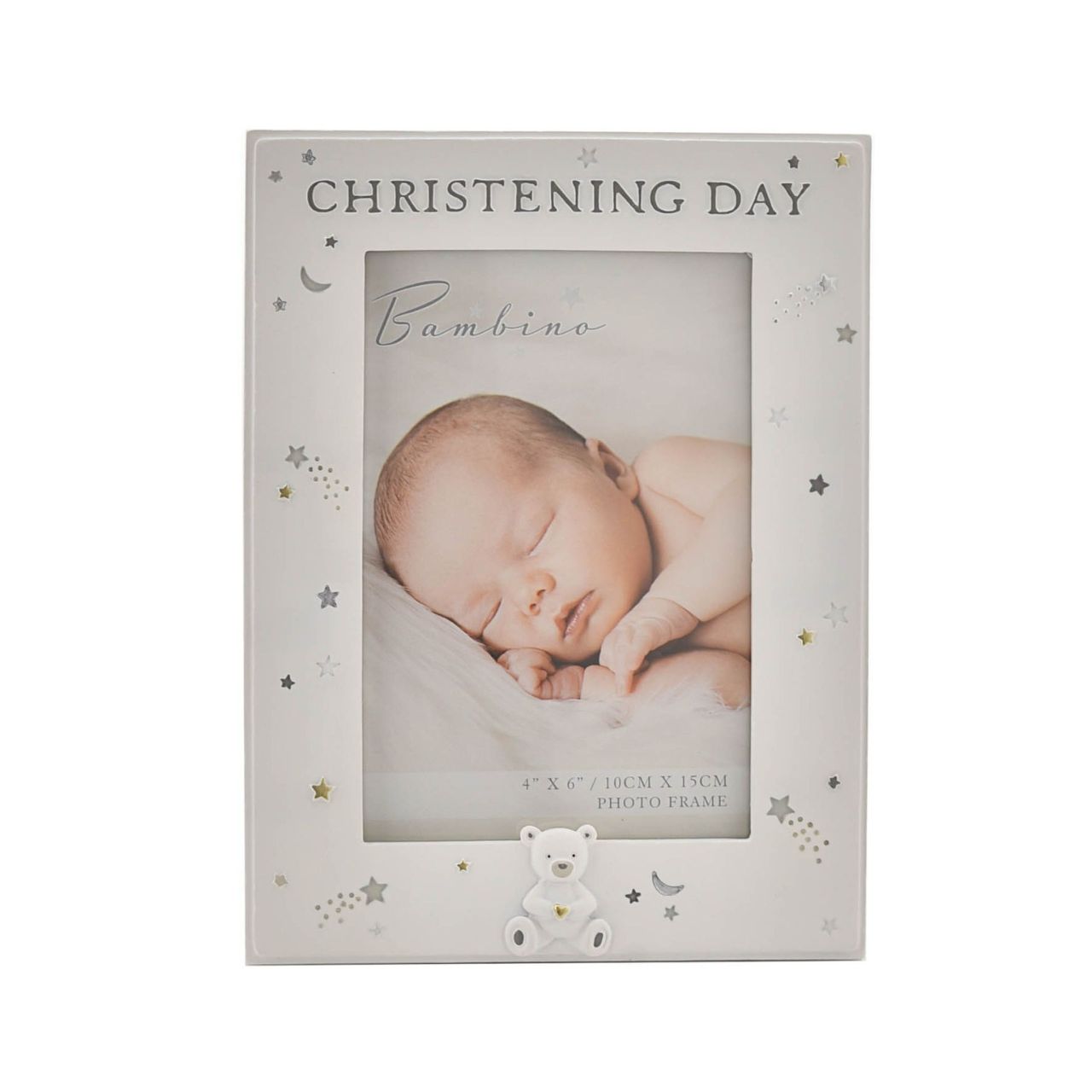 Bambino Resin Christening Day Photo Frame 4" x 6" Celebrate your beautiful new addition with this 6" x 4" 'Christening Day' photo frame. From BAMBINO BY JULIAN - a timeless collection to suit the dedication of a new-born's future to faith and morality.