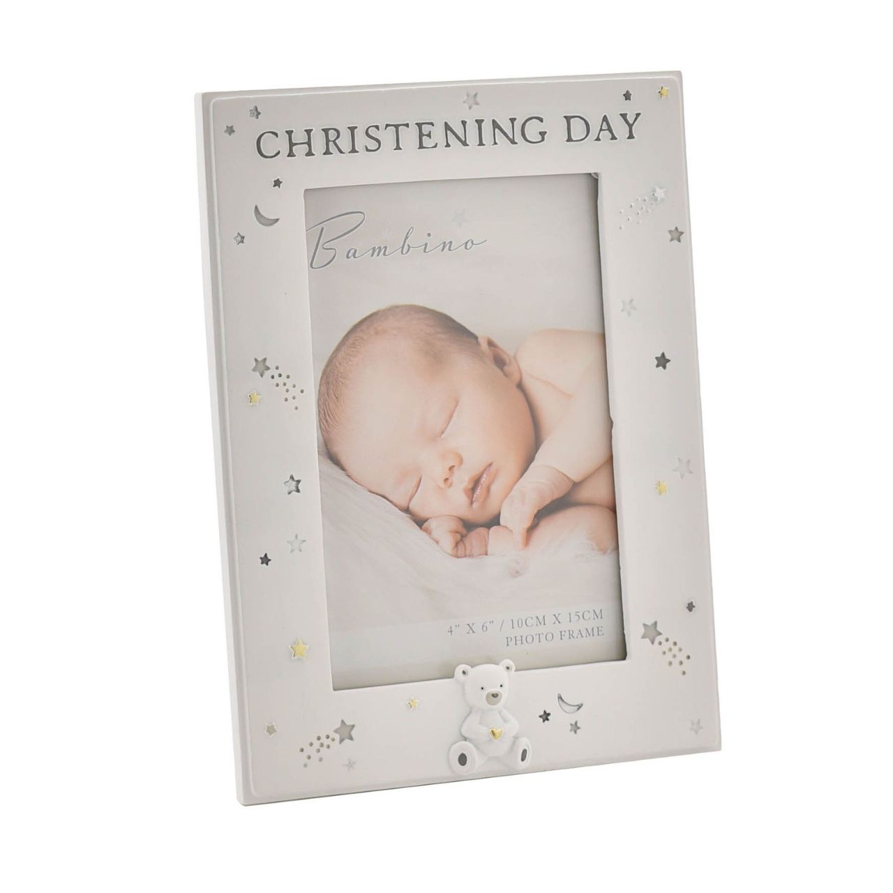 Bambino Resin Christening Day Photo Frame 4" x 6" Celebrate your beautiful new addition with this 6" x 4" 'Christening Day' photo frame. From BAMBINO BY JULIAN - a timeless collection to suit the dedication of a new-born's future to faith and morality.