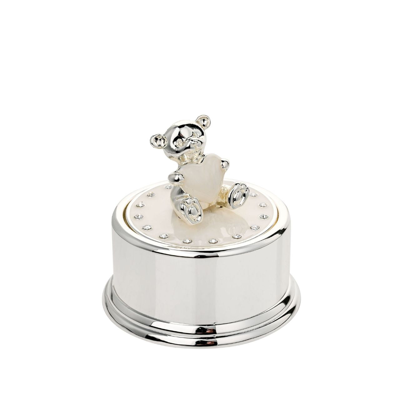 Crafted from high-quality silverplated metal, this music box boasts a lustrous, shiny finish that exudes sophistication and charm. At its heart, a lovable teddy bear embellishment sits atop the box, holding a pure white heart in its paws.