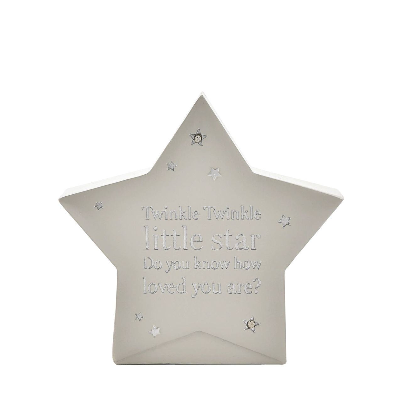 Star Shaped Resin Money Box "Twinkle Twinkle" 15 cm A star shaped resin money box from BAMBINO BY JULIANA. This wonderful keepsake provides glistening decoration for the nursery of new family arrivals which will be cherished eternally.