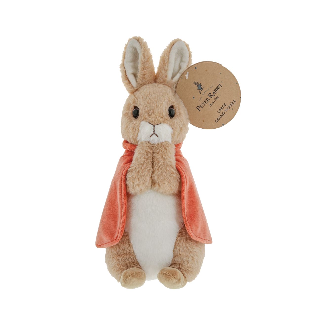 Beatrix Potter Flopsy Large This Flopsy soft toy is made from beautifully soft fabric and is dressed in clothing exactly as illustrated by Beatrix Potter, with her signature red cape. The Peter Rabbit collection features the much loved characters from the Beatrix Potter books and this quality and authentic soft toy is sure to be adored for many years to come.