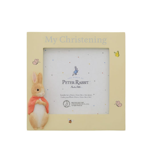 This charming Flopsy Christening photo frame is the perfect place to display a picture from your little ones Christening and is sure to earn a place of honour on a tabletop or mantel. Complete with original illustrations from the Beatrix Potter stories. Photo frame fits square sized photos.