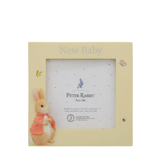 Celebrate a new bundle of joy with this Flopsy new baby photo frame, a perfect way to display a treasured photo. Complete with original illustrations from the Beatrix Potter stories. Photo frame fits square sized photos.