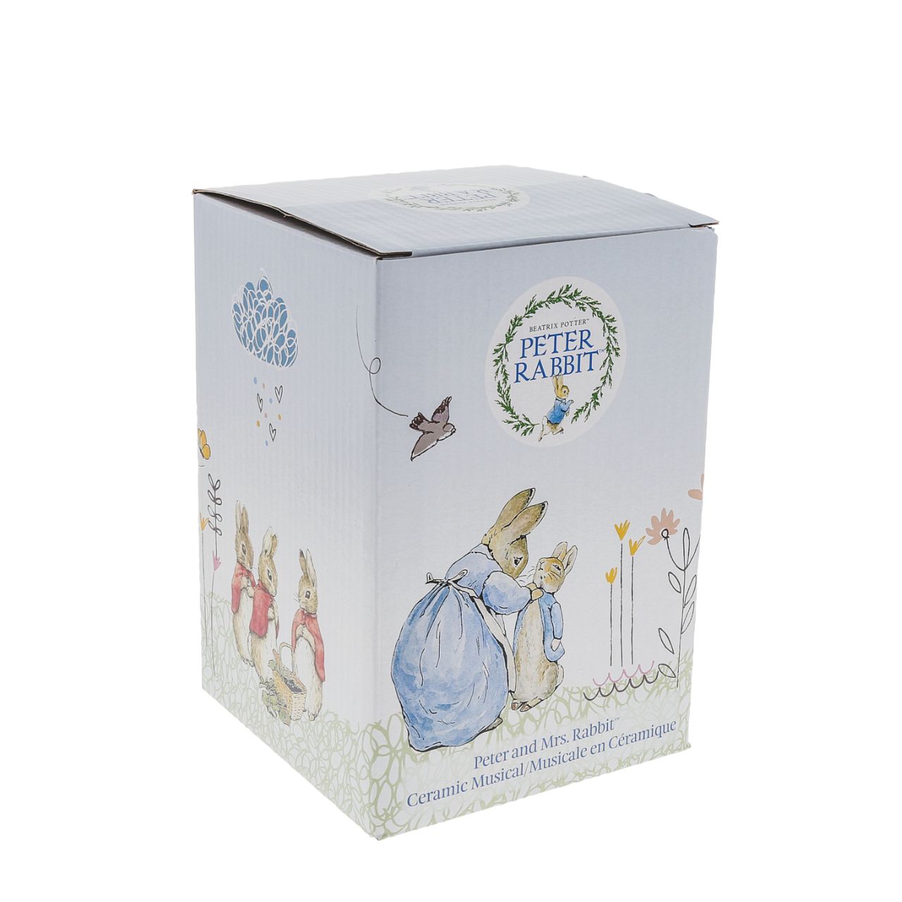 Beatrix Potter Mrs. Rabbit and Peter Ceramic Musical This charming and traditional Mrs. Rabbit and Peter Rabbit Musical makes a lovely traditional gift or nursery keepsake that children and parents alike will love and treasure forever.