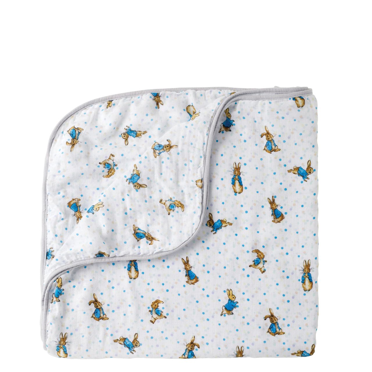 Beatrix Potter Peter Rabbit Baby Blanket This is the dreamiest Peter Rabbit blanket you ever did see. Made from layers of luxurious 100% cotton, 105g/m2, giving your little one that extra layer of comfort and warmth in their crib. Presented on a branded gift box.