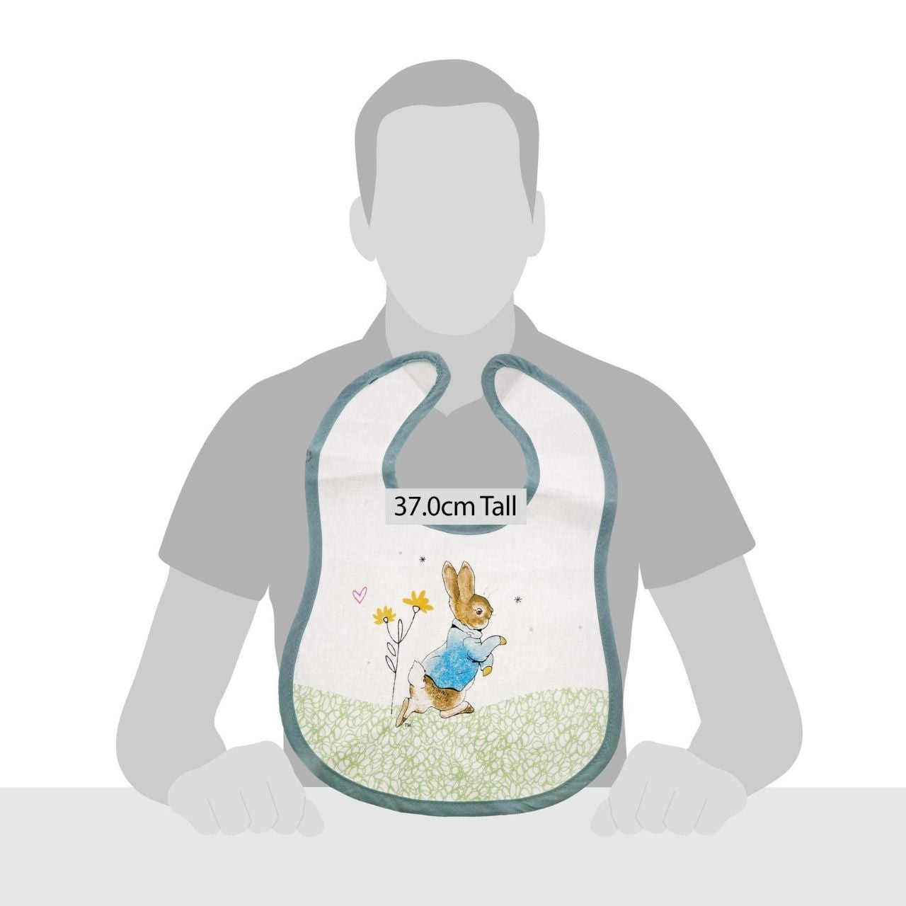 Beatrix Potter Peter Rabbit Children's Bib Make mealtimes super fun with this beautiful Flopsy Bib. This is a fun and practical bib, has been perfectly detailed with original Flopsy illustrations, taken from the Beatrix Potter stories. This bib is not only easy to wear, but practical too with its wipeable coating.