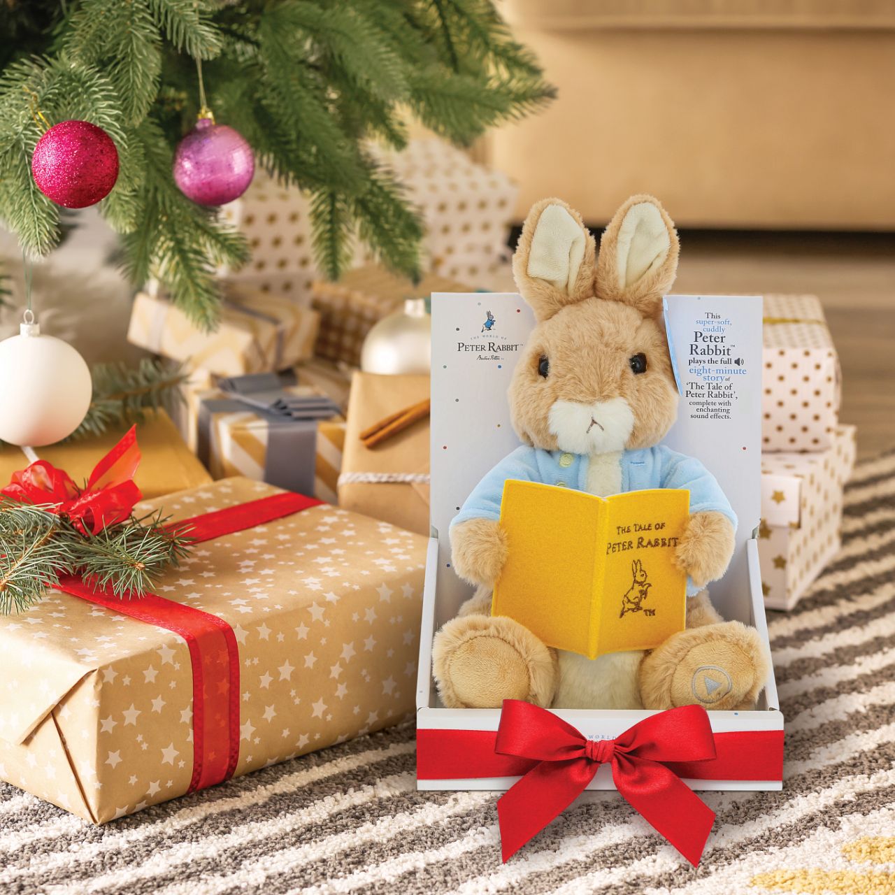 Introducing the star of our latest collection: the Large Animated Peter Rabbit Soft Toy where enchanting storytelling meets cosy cuddles. This charming plush toy plays an 8-minute full-length rendition of "The Tale of Peter Rabbit," complete with immersive sound effects that bring the story to life.