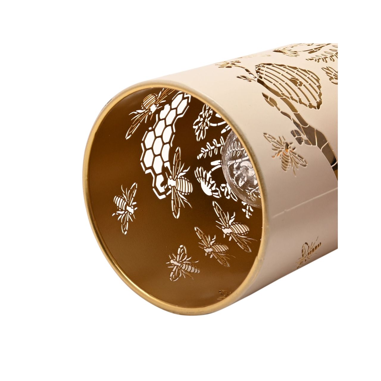 A decorative LED table lamp featuring delicate bee, honeycomb, and floral cut-out detailing. The soft neutral finish paired with warm gold accents creates a cosy, nature-inspired look.