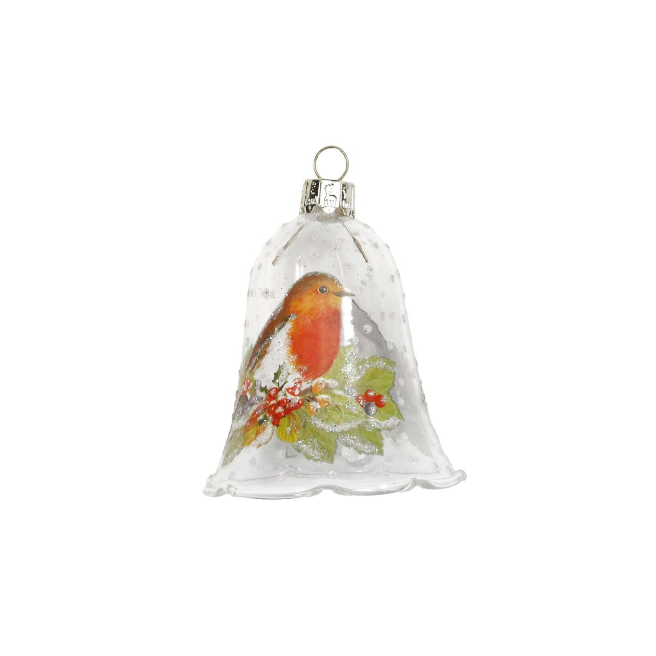 This elegant glass bell-shaped bauble by Gisela Graham London features a delicate robin perched alongside festive fruits, capturing the spirit of Christmas with refined charm. Its clear design allows soft light to play through, adding a subtle glow to your holiday décor.