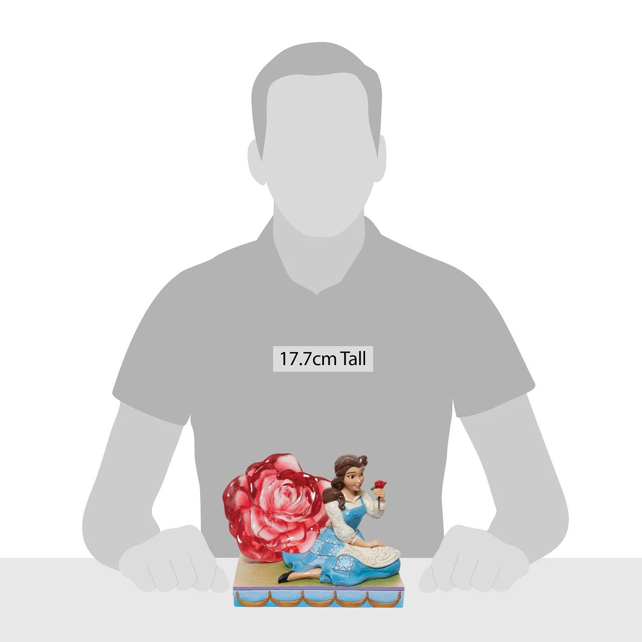 Disney Belle with Clear Resin Rose by Jim Shore This Disney Traditions line by Jim Shore features iconic Walt Disney princesses with their famous props highlighted. With a base illustrating her story, this piece features Belle with a with her signature red rose.