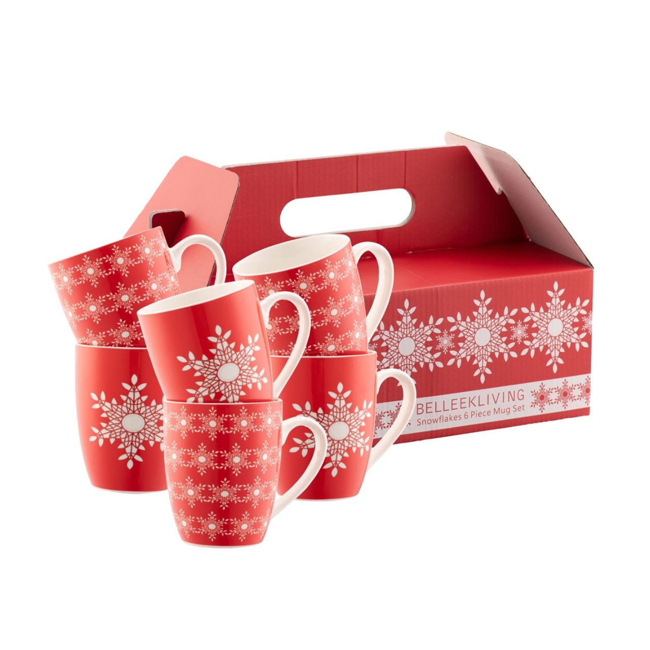 Snowflakes 6 Piece Mug Set Belleek Living In traditional red and white, this mug set includes 6 mugs. Three of the mugs have an all over snowflake design and three of the mugs have a single snowflake motif. Made of new bone china, the handles and insides of the mugs are white.