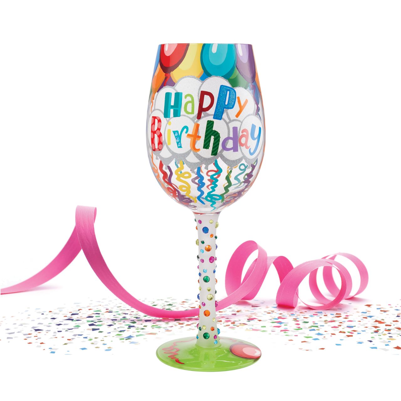 Birthdays only come once a year, make sure to milk them for all they're worth when they do. Serve every birthday beverage in this festive glass, covered in streamers, balloons, and a rainbow of gems. Let there be no doubt who's day it is.