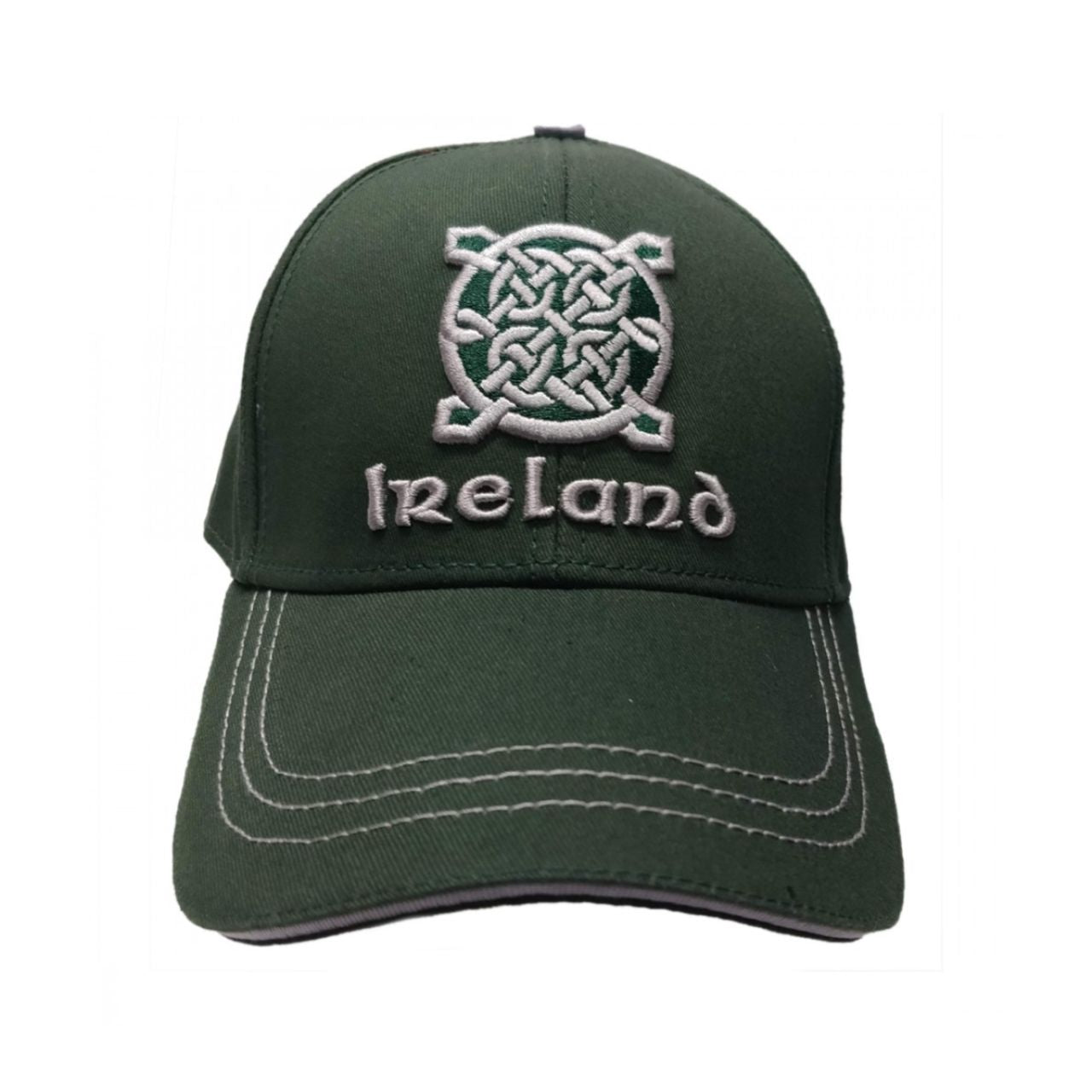 Bottle Green Ireland Celtic Knot Baseball Cap This bottle green cotton baseball cap is a part of the Traditional Craft Official Collection. It is one size and is adjustable at the back for your convenience. The cap features a contrasting white stitch on the peak as well as a 3D embroidered Celtic knot and Ireland logo.