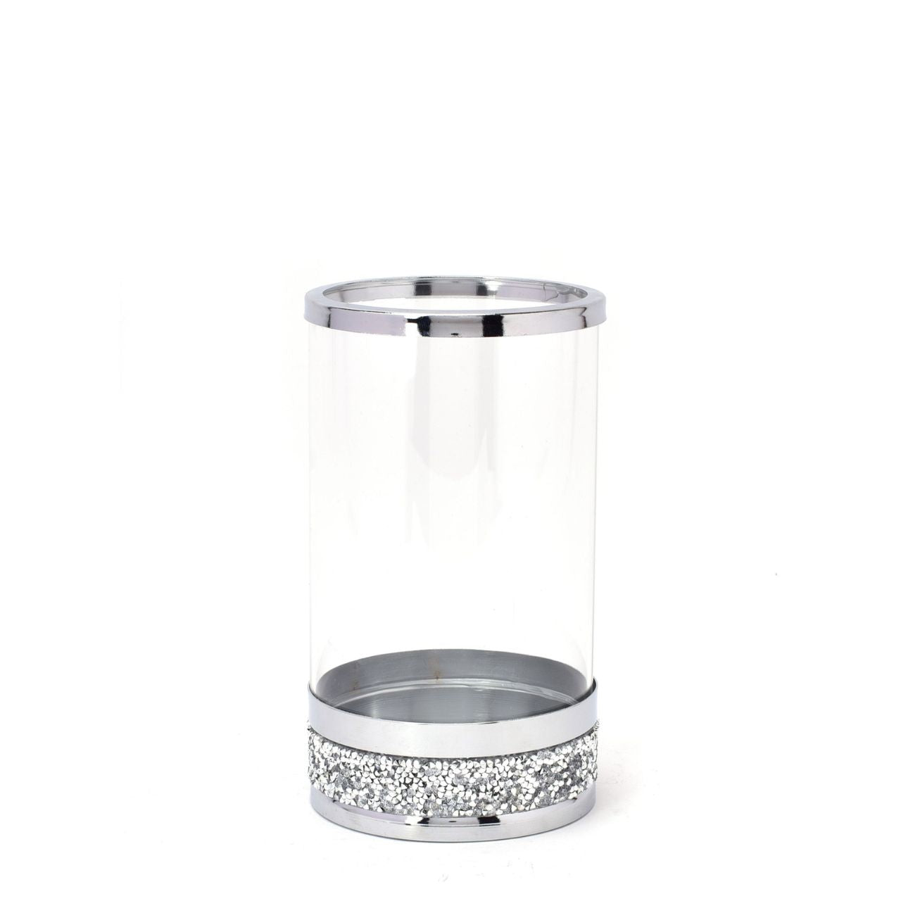 Hestia Candle Holder Glass with Diamante Base 10cm This contemporary candle holder features an elegant metal effect rim and a stunning diamante base. With a clear glass tube plinth, simply add a pillar candle, votive or tealight to make the perfect table centrepiece.