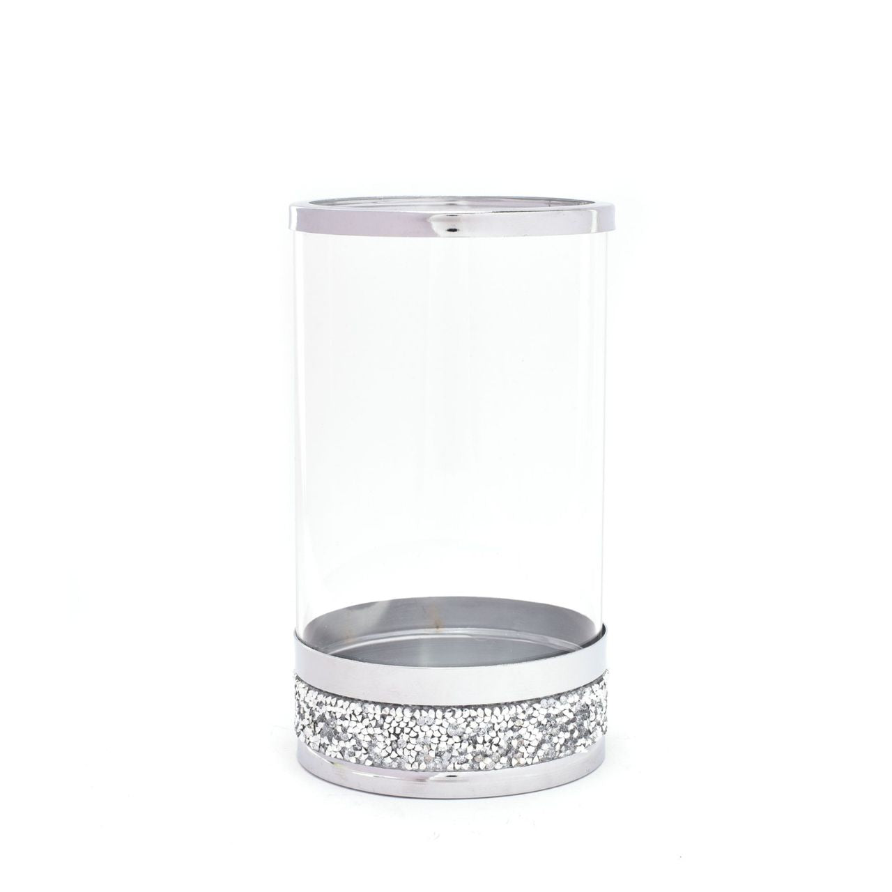 Hestia Candle Holder Glass with Diamante Base 12.5cm Adding sparkle and glamour to the home with a beautiful diamante base and metallic effect rim, this candle holder is a breath-taking accessory or gift for a modern home.