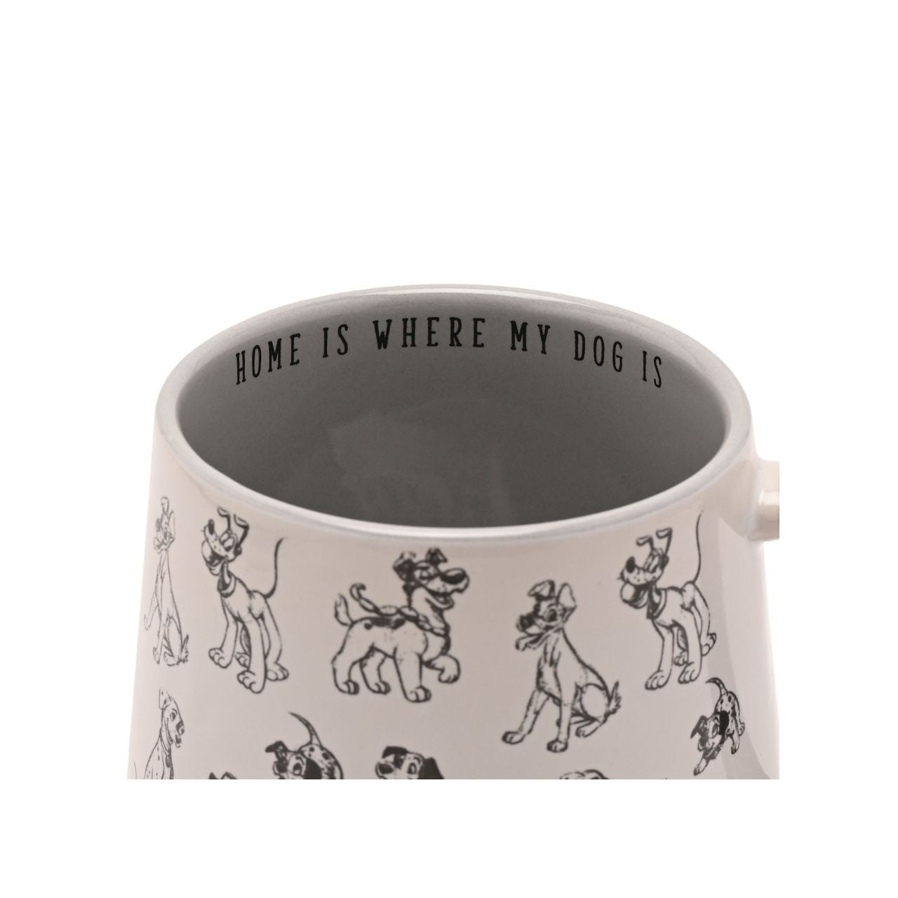 Indulge your passion for pets with the Disney Cats & Dogs Mug - Home Is Where My Dog Is, a delightful piece sure to bring a smile. This white ceramic mug features a playful pattern of various dog breeds, catching the eye instantly.