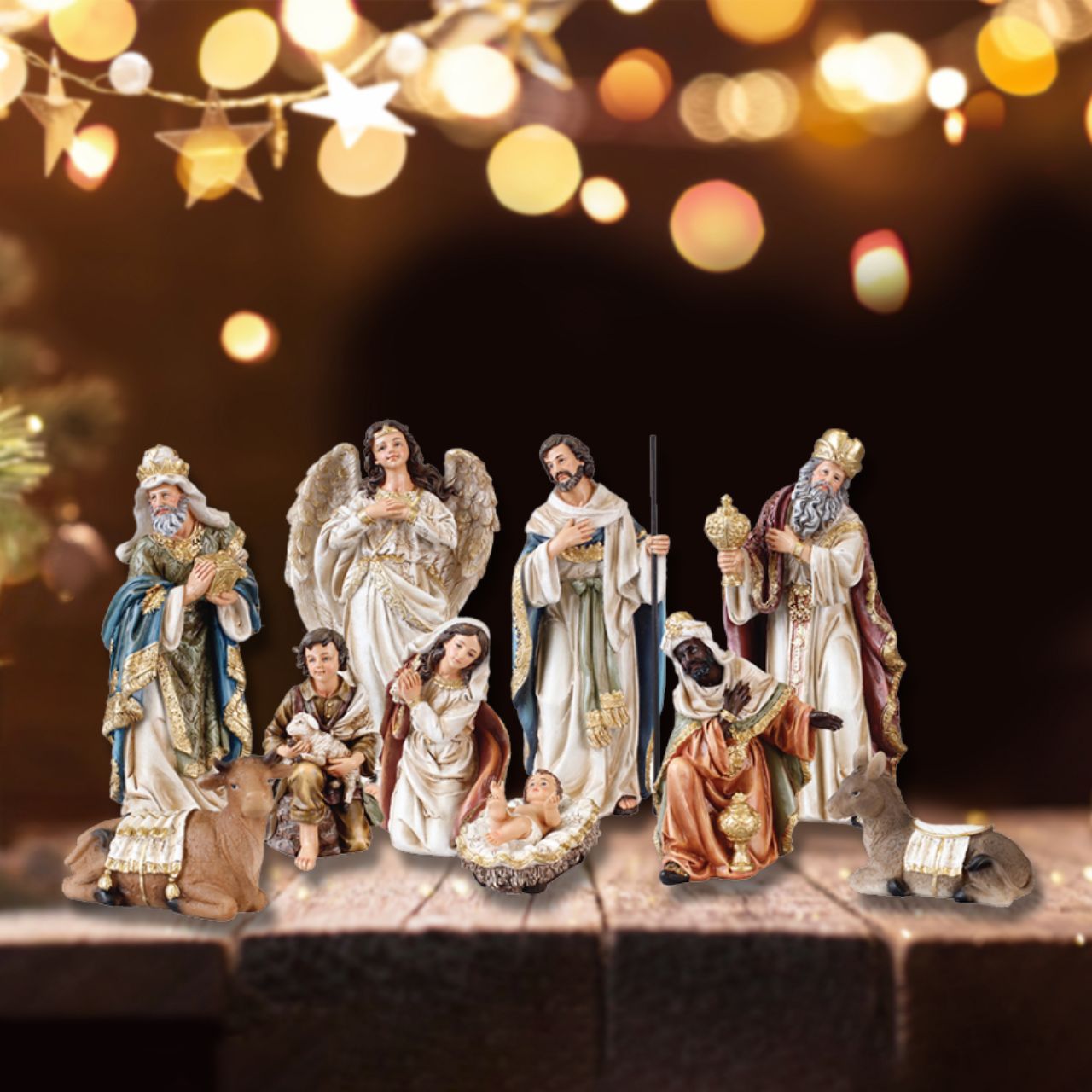 CBC Distributors Nativity Set with Gold Highlights 11 Figures 8 inch Beautiful and delicately crafted and hand painted Nativity Sets. This scene of exquisitely designed figurines will form a stunning focal point in any home at Christmas. This thoughtful design features 11 resin pieces with gold highlights.