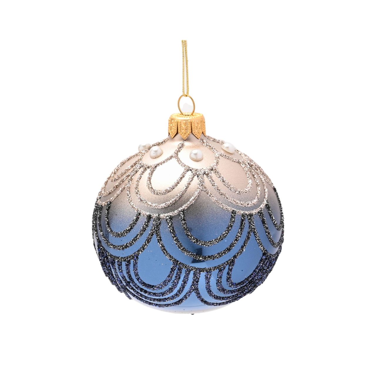 Celestial Blue Circular Hand Decorated Ornamental Bauble A blue hand decorated ornamental bauble from THE SEASONAL GIFT CO. This ornate Christmas bauble holds an abundance of elegance and will stand out amongst the tree branches this festive season.
