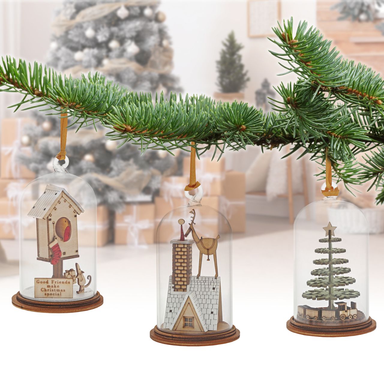 Christmas Childhood Memories Hanging Ornament Kloche The Spirit of Christmas. A collection of delightful wooden decorations that capture the essence of that special time of year. This glass dome, Christmas decoration encases a Christmas tree, adorned with a nostalgic train set and ribbon to help hang off your Christmas tree.