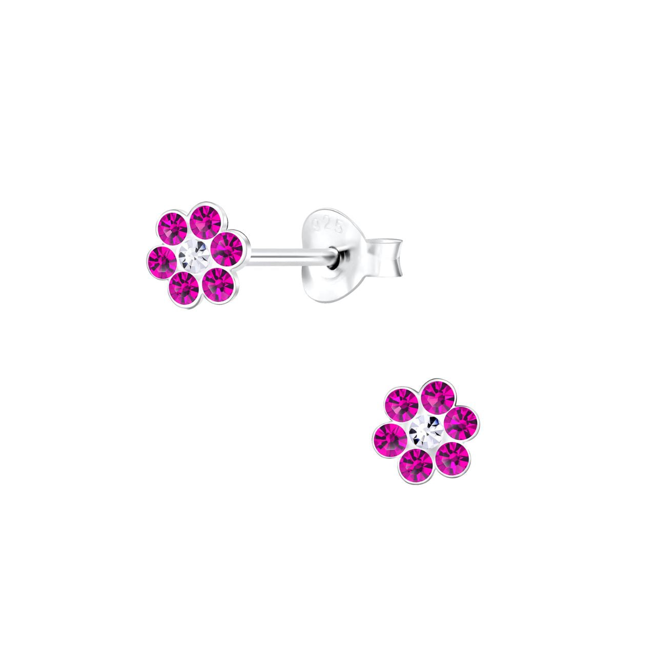 Sterling silver kids stud earrings with a pink crystal flower design and clear crystal centre.