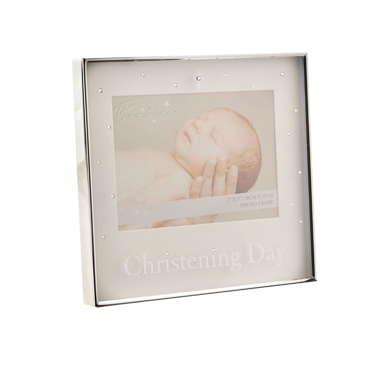 Christening Silver Plated Photo Frame 7" x 5" A beautiful silver plated 7" x 5" photo frame from BAMBINO BY JULIANA. Featuring crisp white mount, mirror 'Christening Day' titling on the glass and crystal embellished crucifix icon. Complete with luxury black velveteen standing strut.