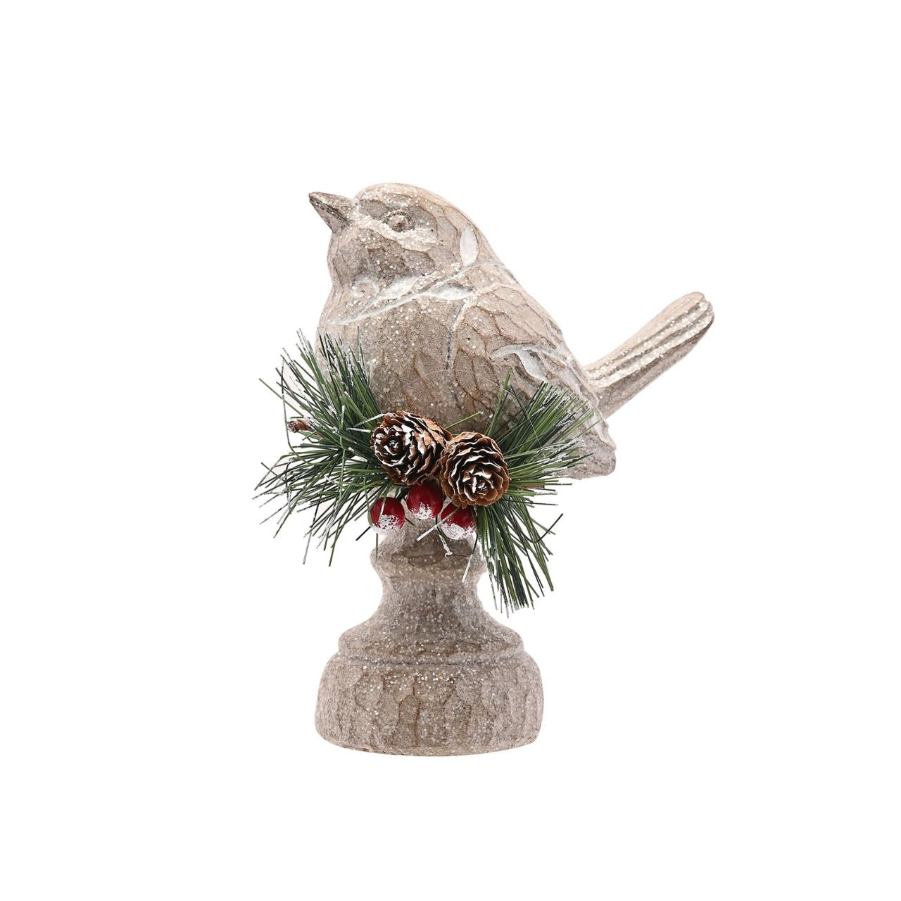 The rustic robin, amidst pine branches, cones, and red berries, is sure to captivate customers. With neutral tones, the realistic carved wood effect bird is beautifully complemented by rich green and red accents.