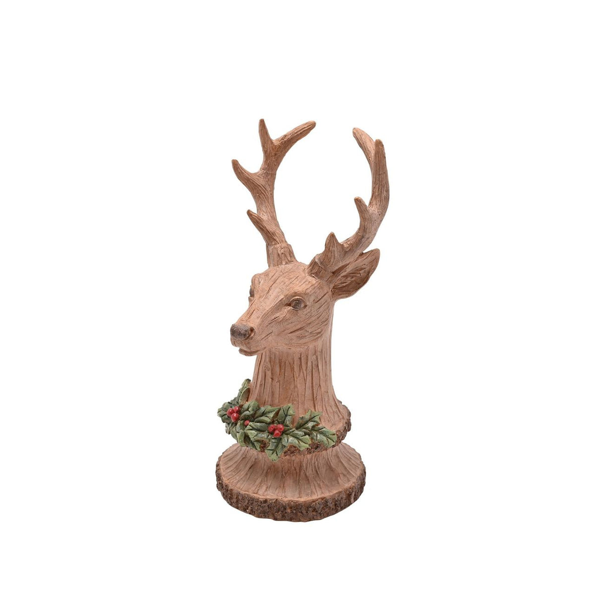 The Carved Wood Effect Reindeer Bust, is a stunning addition to any festive display, encapsulating the essence of the season.