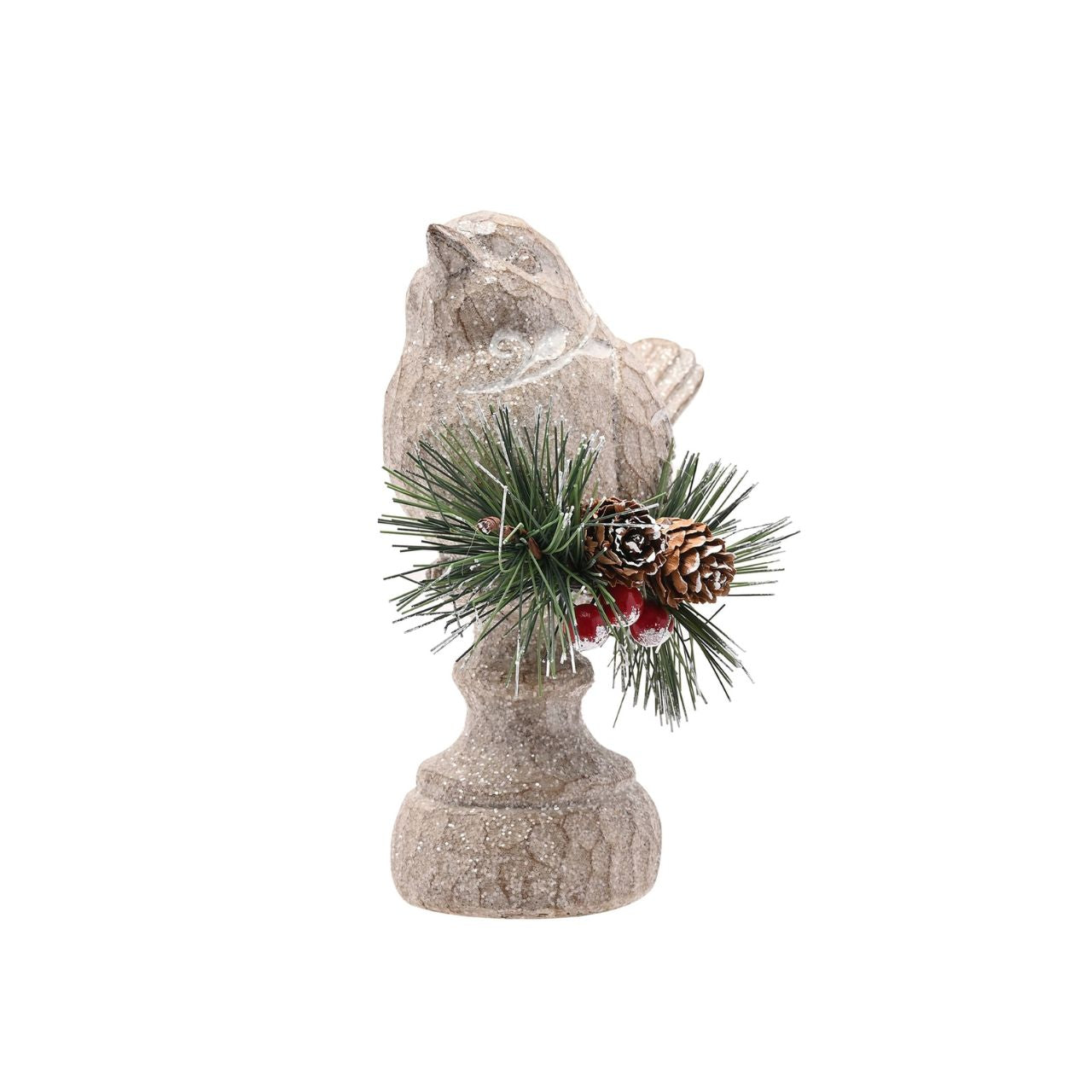 The rustic robin, amidst pine branches, cones, and red berries, is sure to captivate customers. With neutral tones, the realistic carved wood effect bird is beautifully complemented by rich green and red accents.