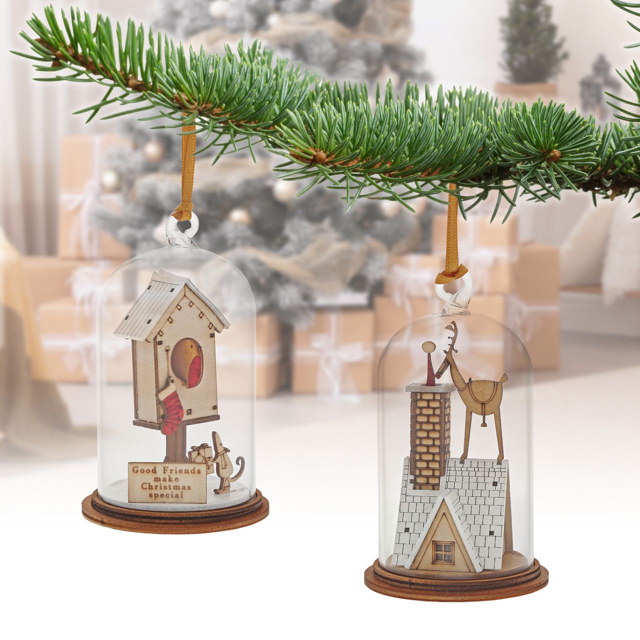 Christmas Eve Kloche Hanging Ornament The Spirit of Christmas. A collection of delightful wooden decorations that capture the essence of that special time of year. This glass dome, Christmas decoration encases a Reindeer helping Santa deliver presents, adorned with a ribbon to help hang off your Christmas tree.