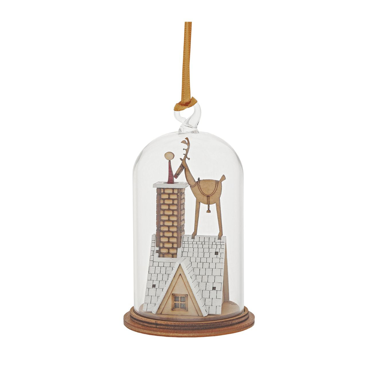 Christmas Eve Kloche Hanging Ornament The Spirit of Christmas. A collection of delightful wooden decorations that capture the essence of that special time of year. This glass dome, Christmas decoration encases a Reindeer helping Santa deliver presents, adorned with a ribbon to help hang off your Christmas tree.