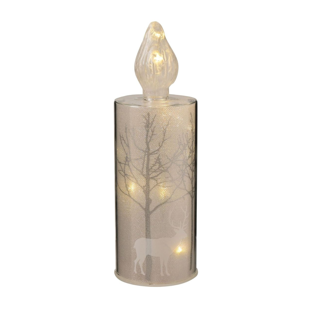 Christmas Silver Forest Scene Medium LED Glass Candle Light A medium silver forest scene LED candle-shaped light by THE SEASONAL GIFT CO. This glistening light will help to create a magical Winter Wonderland at home this festive period.