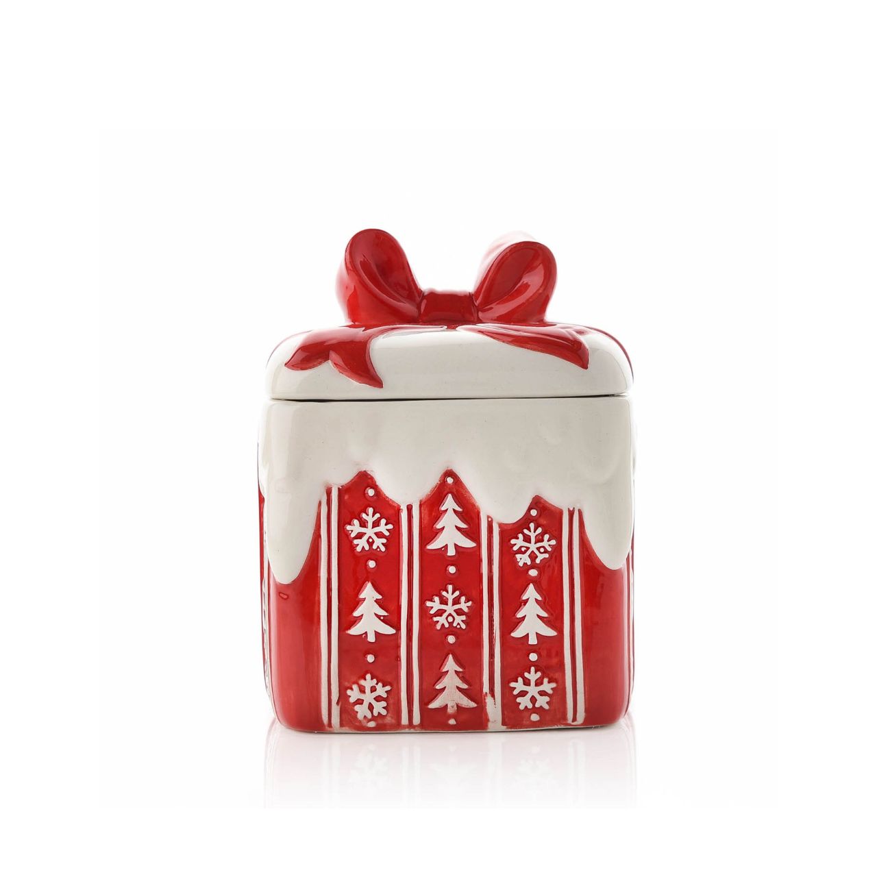 This Christmas gift shaped cookie jar would make a fun and festive present or homeware option for loved ones. With a delightful red bow and white cookie cutter designs, this is sure to bring some cheer to any home.