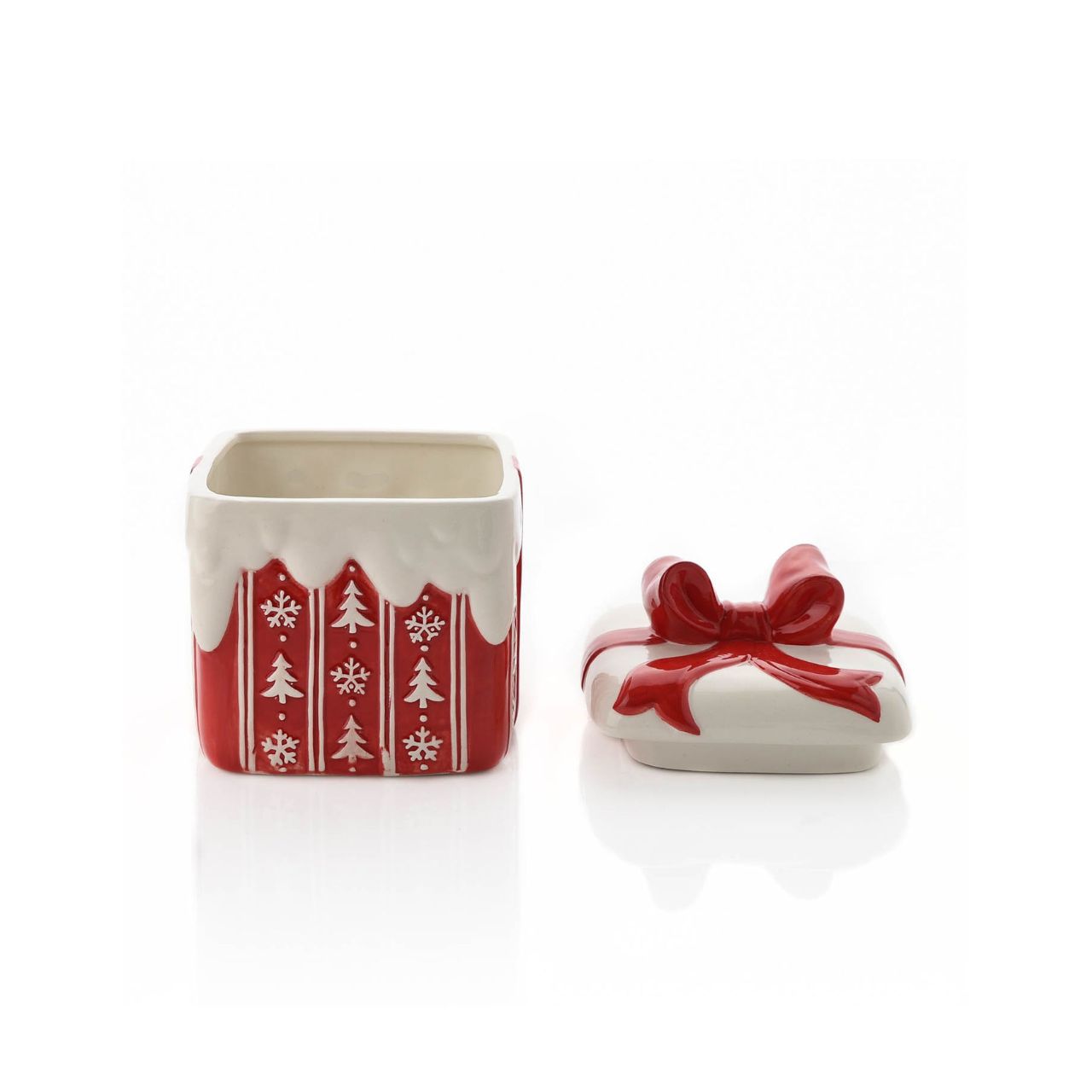 This Christmas gift shaped cookie jar would make a fun and festive present or homeware option for loved ones. With a delightful red bow and white cookie cutter designs, this is sure to bring some cheer to any home.