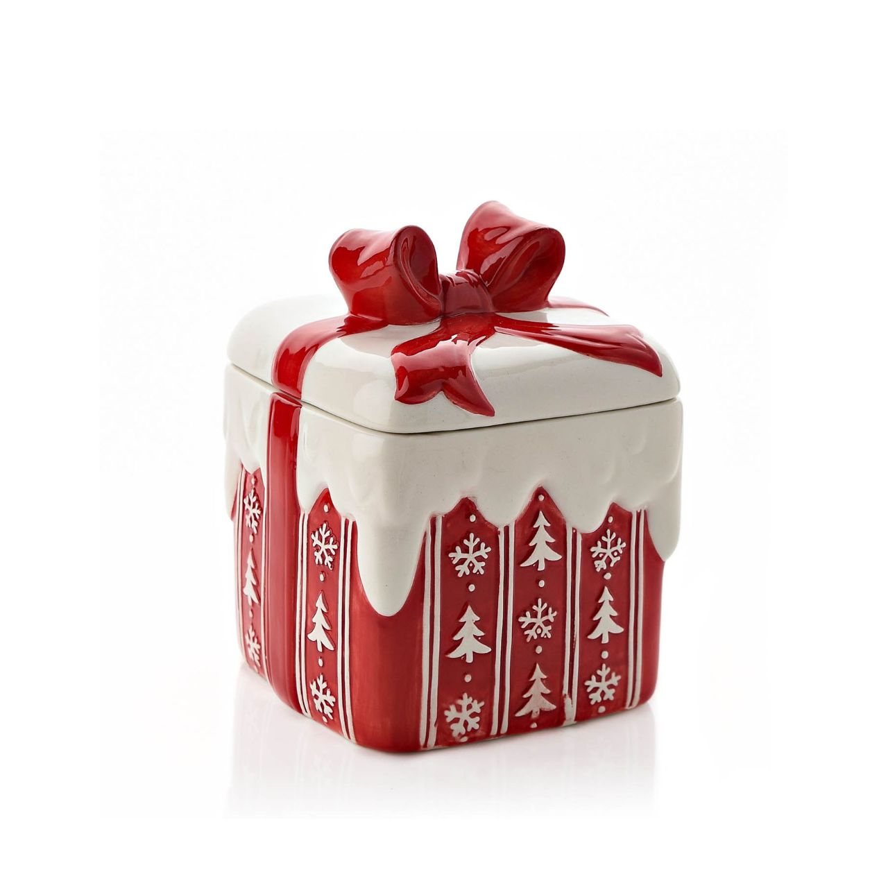 This Christmas gift shaped cookie jar would make a fun and festive present or homeware option for loved ones. With a delightful red bow and white cookie cutter designs, this is sure to bring some cheer to any home.