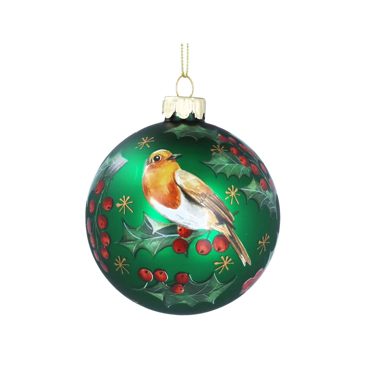 Celebrate the festive season with the Gisela Graham Matt Forest Green Robin & Holly Christmas Glass Bauble. This elegant bauble features a delicate robin perched amidst holly leaves, rendered in a refined matte forest green finish.
